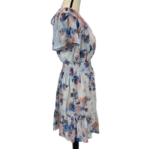 Lovestitch Short Sleeve Braided Collar Ruffle Hem Mini Dress - Blue White - Med - Picture 2 of 9